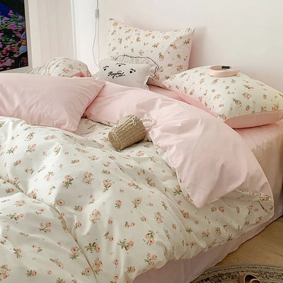 Pink Floral Bedding Set Soft Ins Single Double Queen Size Duvet